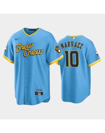 Men's Milwaukee Brewers 10 Omar Narvaez 2022-23 City Connect Powder Blue Jersey