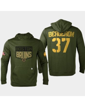 Boston Bruins 37 Patrice Bergeron 2022 Salute to Service Olive Pullover Hoodie