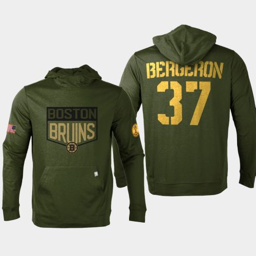 Boston Bruins 37 Patrice Bergeron 2022 Salute to Service Olive Pullover Hoodie