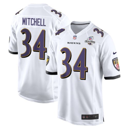 Keaton Mitchell 34 Baltimore Ravens 2023 Playoffs Patch Game Men Jersey - White