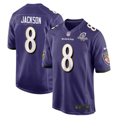 Lamar Jackson 8 Baltimore Ravens 2023 Playoffs Patch Game Men Jersey - Purple