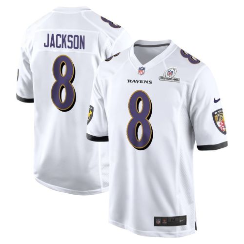 Lamar Jackson 8 Baltimore Ravens 2024 Divisional Patch Game Men Jersey - White