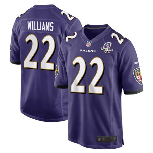 Damarion Williams 22 Baltimore Ravens 2023 Playoffs Patch Game Men Jersey - Purple