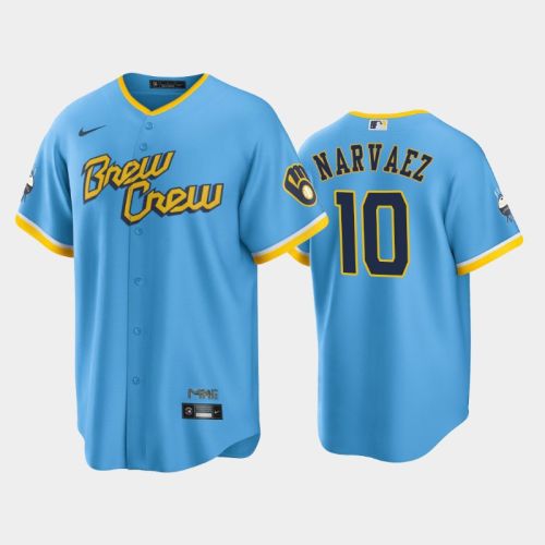 Men's Milwaukee Brewers 10 Omar Narvaez 2022-23 City Connect Powder Blue Jersey