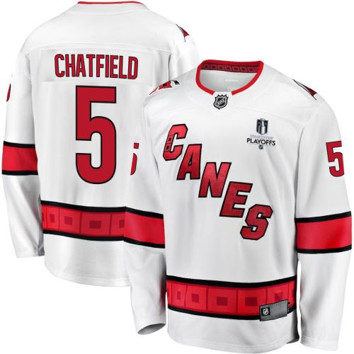 Jalen Chatfield 5 Carolina Hurricanes Stanley Cup 2023 Playoffs Patch Away Breakaway Men Jersey - White