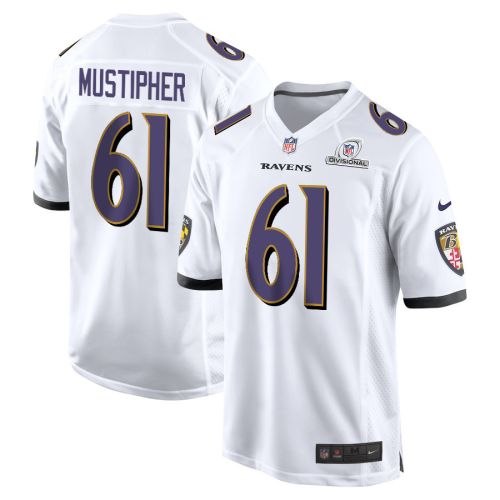 Sam Mustipher 61 Baltimore Ravens 2024 Divisional Patch Game Men Jersey - White