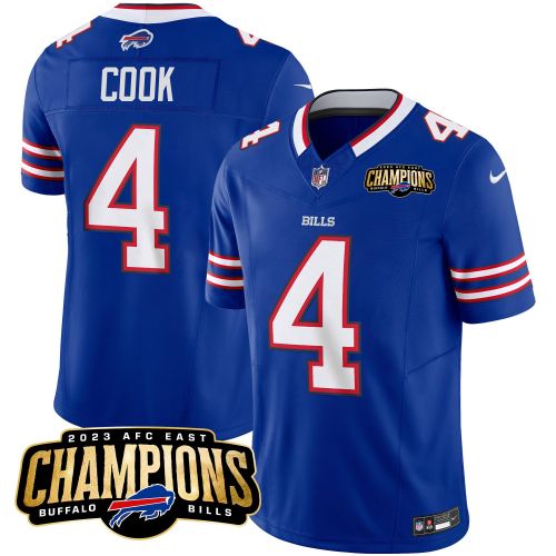 James Cook 4 Buffalo Bills 2023 AFC East Champions Patch Game Men Jersey - Royal