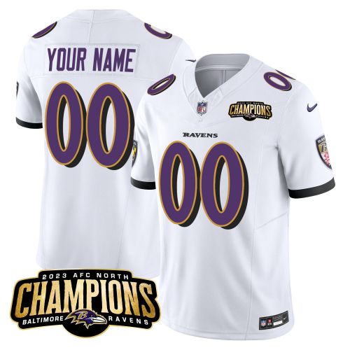 Baltimore Ravens 2023 AFC North Champions Patch Game Men Custom Jersey - White