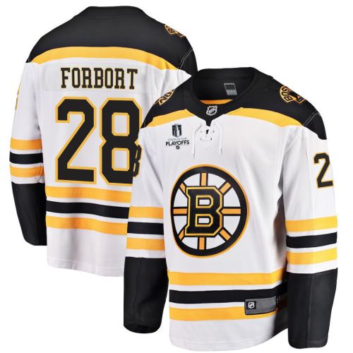 Derek Forbort 28 Boston Bruins Stanley Cup 2023 Playoffs Patch Away Breakaway Men Jersey - White