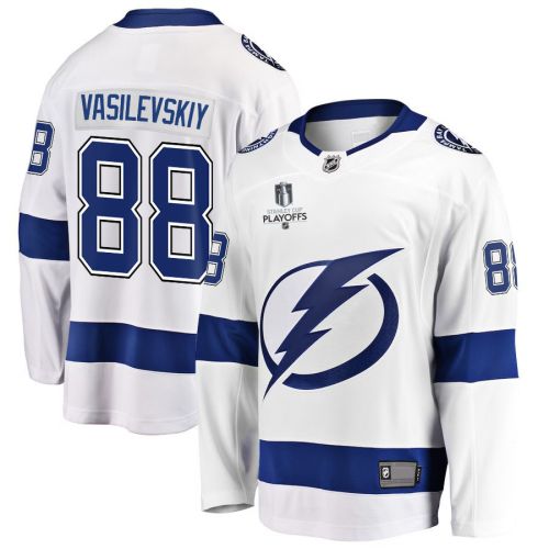 Andrei Vasilevskiy 88 Tampa Bay Lightning Stanley Cup 2023 Playoffs Patch Away Breakaway Men Jersey - White